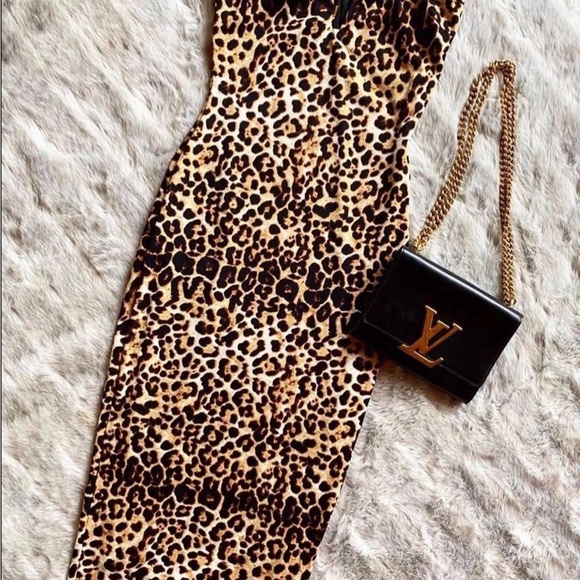 Leopard Print Stretchy Strapless Retro Pinup Bodycon Dress Sexy Party Cocktail - Picture 6 of 8